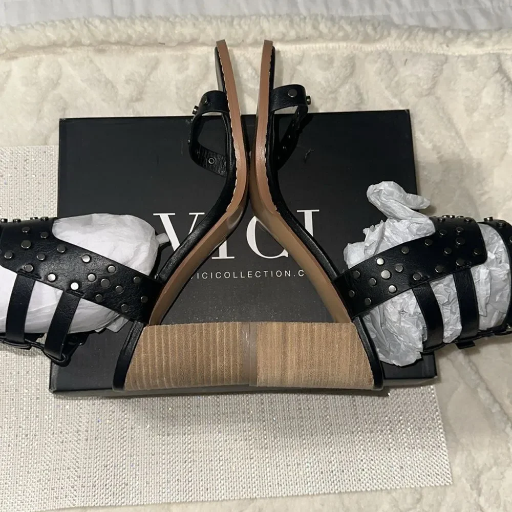 VICI 10 Celeste Black Metallic Studded Block Heel Strappy Multi Buckle Sandal - Picture 7 of 13